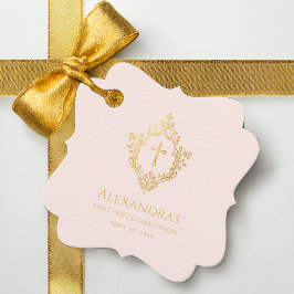 Etiquetas Para Lembrancinhas Garota Primeira Comunhão Rosa Faux Dourado Crest V
