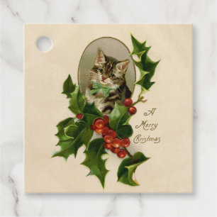 Etiquetas Para Lembrancinhas Gatinho de Natal Vitoriano em Tabby Antigo com Aze