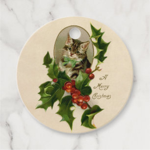 Etiquetas Para Lembrancinhas Gatinho de Natal Vitoriano em Tabby Antigo com Aze