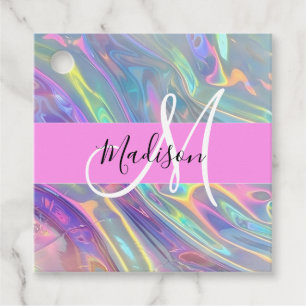 Etiquetas Para Lembrancinhas Girly Rainbow Holographic Nome do Monograma Irides
