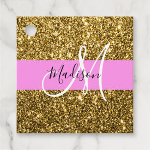 Etiquetas Para Lembrancinhas Glam Rosa e Dourado Brilho Faíscas Monograma Nome