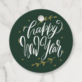Etiquetas Para Lembrancinhas Green and Gold Happy New Year Calligraphy Wreath