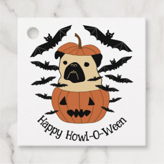 Etiquetas Para Lembrancinhas Howl-O-Ween Pug num Jack-O-Lanterna com Bats