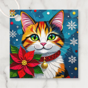 Etiquetas Para Lembrancinhas Lindo Gato Malhado e Poinsettia Natal