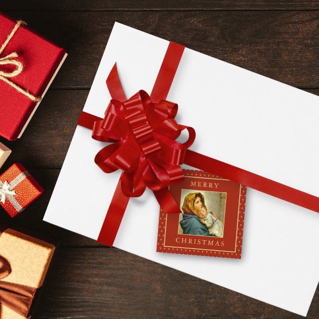 Etiquetas Para Lembrancinhas Madonna Elegante e Natal Religioso da Criança (Religious Christmas gift tag with Madonna and Child in red and gold for Catholics and Christians)
