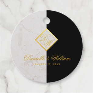 Etiquetas Para Lembrancinhas Mármore Preto e Branco Monograma Dourado Elegante