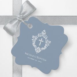 Etiquetas Para Lembrancinhas Menino Batismo Dusty Blue Cross Crest Elegante