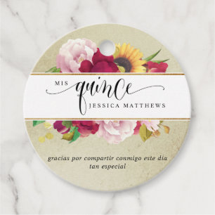 Etiquetas Para Lembrancinhas Mis Quince Red, Floral Dourado e Amarelo, Marcas F