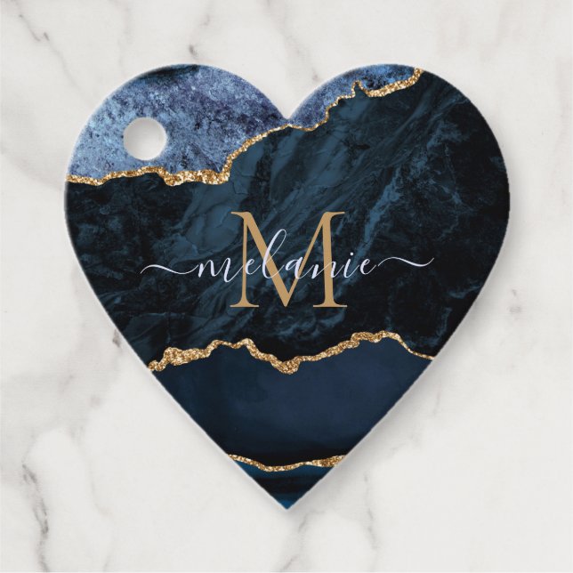 Etiquetas Para Lembrancinhas Monograma Azul de Gemstone Dourado, Marinho Agate (Frente)