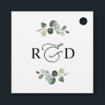 Etiquetas Para Lembrancinhas Monograma de Agradecimento de Casamento com Folhag<br><div class="desc">Projetado para combinar com nossa coleção Boho Greenery,  esta etiqueta personalizável apresenta ramos de eucalipto em aquarela com texto gráfico em caligrafia,  combinado com uma serifa clássica em preto. Itens correspondentes disponíveis.</div>