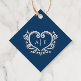 Etiquetas Para Lembrancinhas Monograma decorativo de prata, casamento azul escu