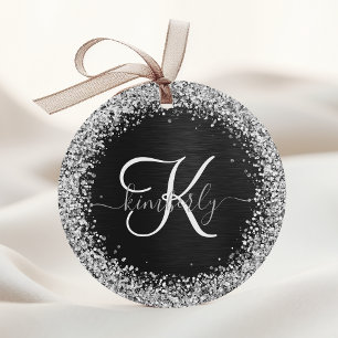 Etiquetas Para Lembrancinhas Monograma do Sparkle Preto com Glitter de Prata Pe