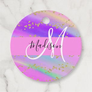 Etiquetas Para Lembrancinhas Monograma Dourado Colorido do Arco-Íris do Unicórn