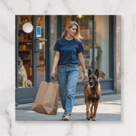 Etiquetas Para Lembrancinhas Mulher vestindo camiseta azul escura no pescoço