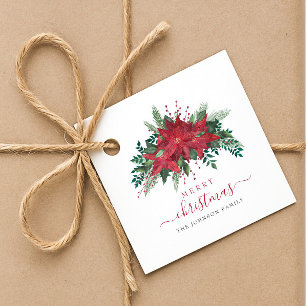Etiquetas Para Lembrancinhas Natal com Letra Floral de Poinsettia Vermelha Eleg