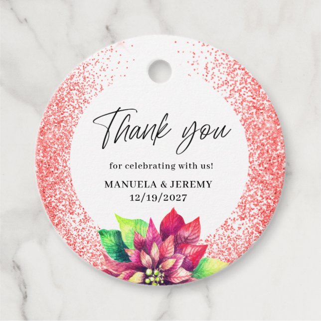 Etiquetas Para Lembrancinhas Natal Red Glitter Poinsettia Obrigado Casamento (Frente)