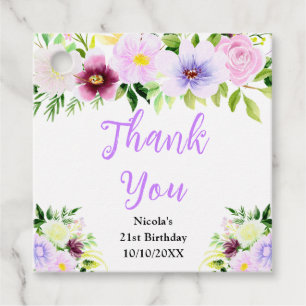 Etiquetas Para Lembrancinhas Obrigado pelo Aniversário com Flores Roxas