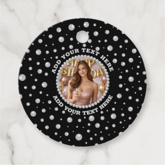 Etiquetas Para Lembrancinhas Personalized Photo with Pearls Circle on Black