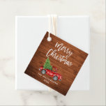 Etiquetas Para Lembrancinhas Pincel Script Christmas Wood Vintage Red Truck<br><div class="desc">Script de Pincel Watercolor Vintage Red Truck com Etiqueta de Favor da Árvore de Natal - Estilo de Madeira</div>