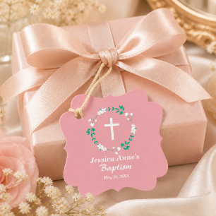 Etiquetas Para Lembrancinhas Pó Rosa Branco Cruz Floral Brasão Batismo 