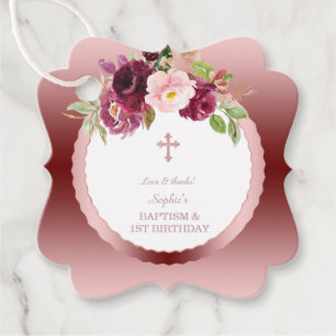 Etiquetas Para Lembrancinhas primeiro aniversario Floral e Batismo Dourado Rosa