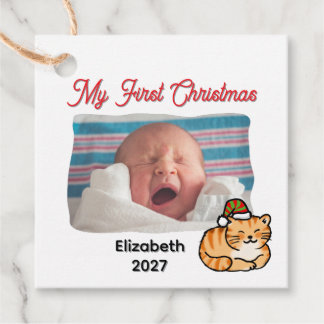 Etiquetas Para Lembrancinhas Primeiro Natal do Bebê Foto Personalizada Gato Gin