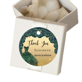 Etiquetas Para Lembrancinhas Quinceanera, vestido de ouro verde Obrigado