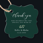 Etiquetas Para Lembrancinhas Ramo Botânico Natural Esmeralda Agradecimento de C<br><div class="desc">Elegante etiqueta de ramo botânico aquarela,  etiqueta de agradecimento de casamento. "obrigado" em caligrafia branca chique com linhas para sua mensagem,  nomes e data do evento. Os fundos apresentam cor esmeralda sólida.</div>