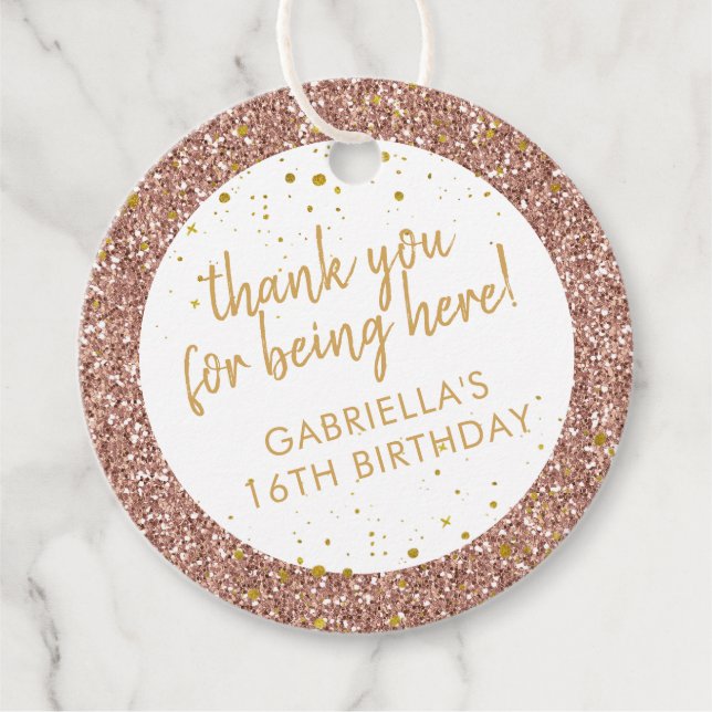 Etiquetas Para Lembrancinhas Rosa Dourada Glitter Sparkle, Obrigado Aniversário (Frente)