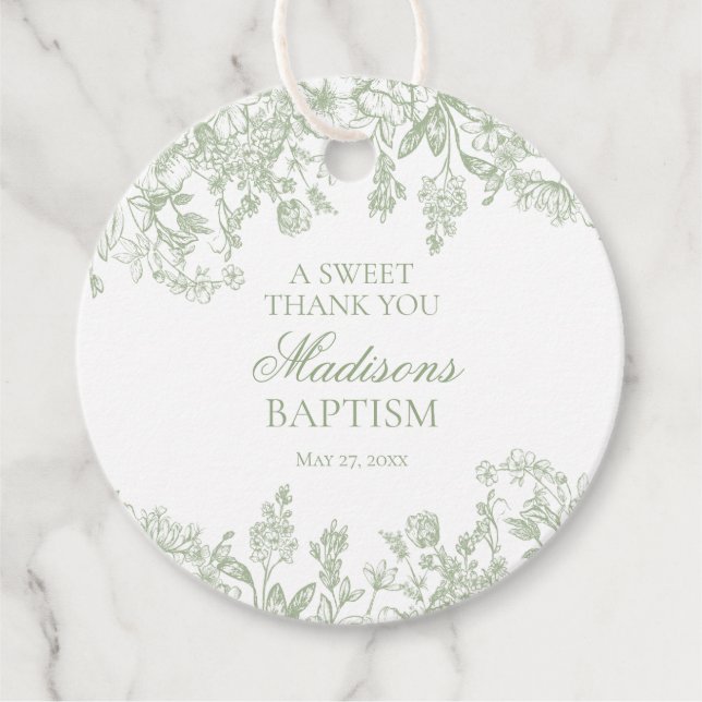 Etiquetas Para Lembrancinhas Sage Chinoiserie Vintage - Círculo de Batismo Flor (Frente)