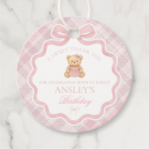 Etiquetas Para Lembrancinhas Urso de Laço Coquete Rosa Aniversário Círculo Xadr