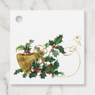 Etiquetas Para Lembrancinhas Vintage Dourada Bell e Holly Christmas Gift Tags