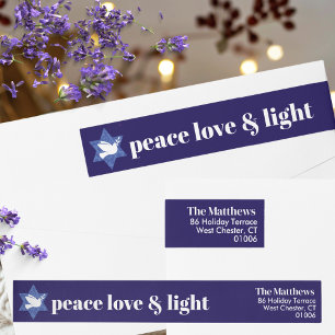 Etiquetas Peace Love Light Azul e Branco Moderno Hanukkah