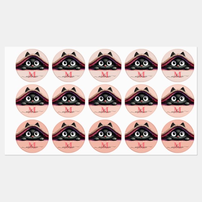 Etiquetas Peek-a-Boo Kitten Script Name Monogram Girls'  (Folha)