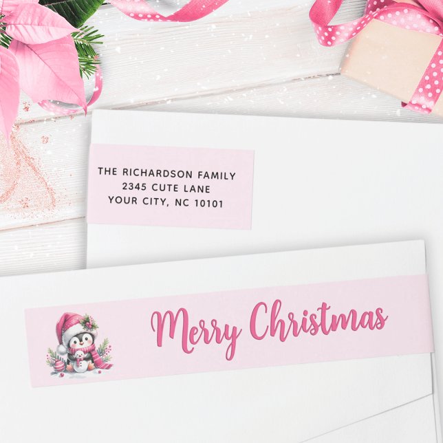 Etiquetas Pink Felry Christmas Penguin Address (Criador carregado)