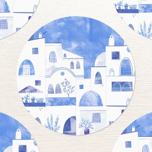 Etiquetas Santorini Watercolor (Santorini Greece blue and white watercolor painting sticker)