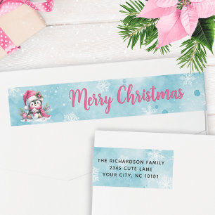 Etiquetas Snowy Blue Pink Pinguim Feliz Endereço de Natal