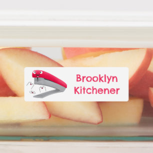 Etiquetas Um desenho animado vermelho-feliz, agradecido, per