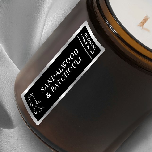 Etiquetas Vela Simples Preta e Prateada (Modern black and silver thin vertical candle jar sticker with faux chrome metallic effects)