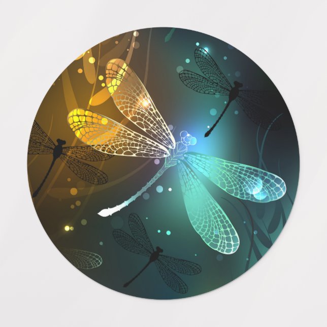 Etiquetas Voo luminoso verde de libélula (Design 1)
