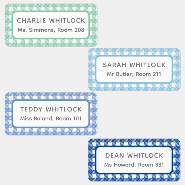 Etiquetas Xadrez de Gingham Azul e Verde Quatro Crianças (Grupo)