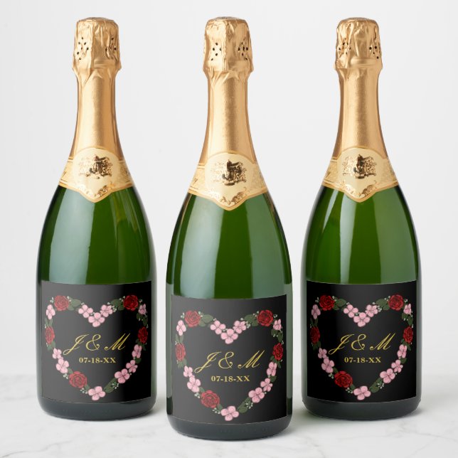 Étiquette de champagne mariage rose et noir (Garrafas)