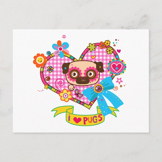 Eu Adoro Pugs! Cartão Postal (Frente)