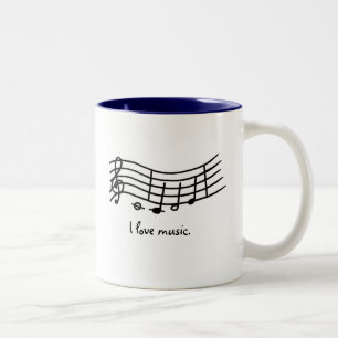 Eu amo a música, notas em canecas onduladas da