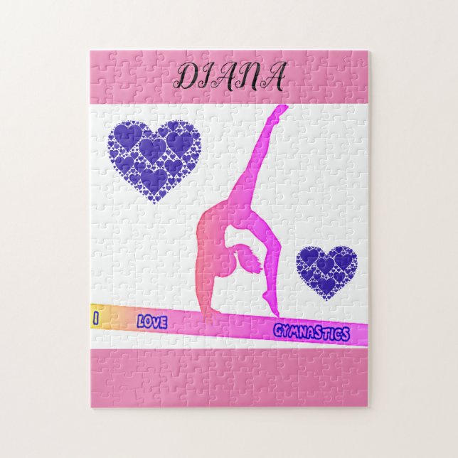 "Eu amo ginástica" quebra-cabeça com corações. (Vertical)