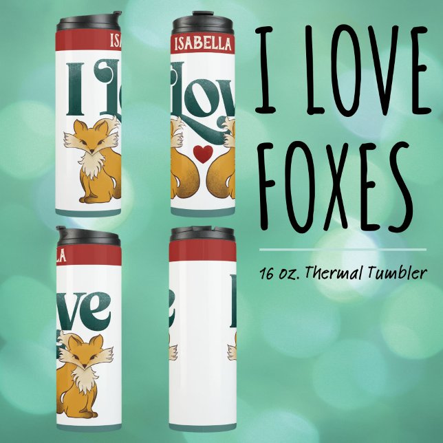 Eu Amo Raposas Garrafa De Água Coração ("I Love Foxes" 16 oz. Thermal Tumbler with Cute Hand Drawn Foxes and Heart Artwork.)