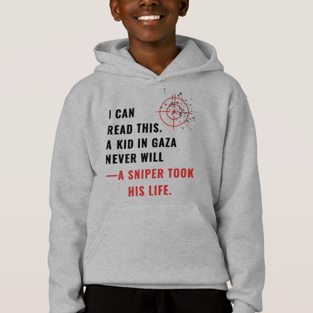 "Eu Consigo Ler Isso. Uma criança em Gaza nunca va (Frente)