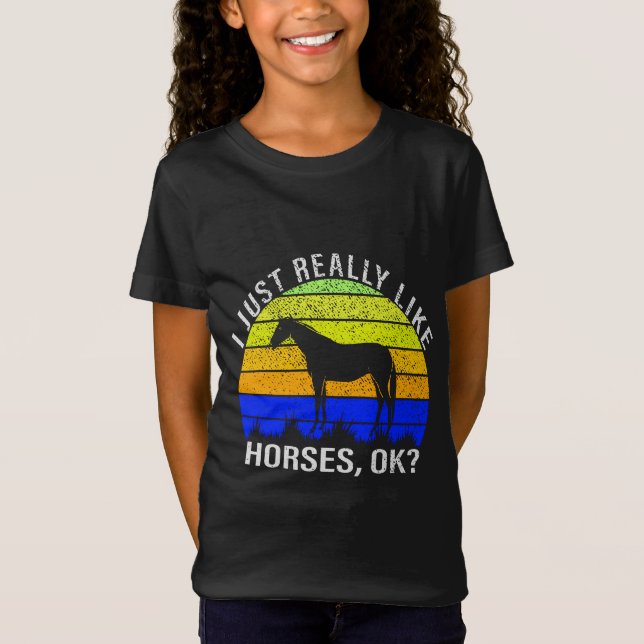 Eu gosto muito de cavalos em camiseta azul e amare (Frente)