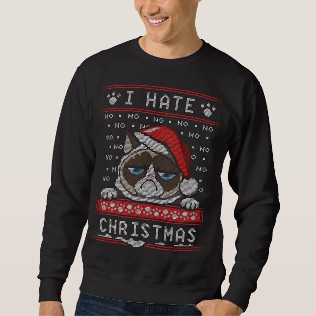 Eu Odeio Xmas Engraçado Bravo Gato Suéter De Natal (Frente)