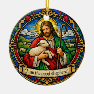 Eu Sou o Bom Pastor Ornamento Redondo de Cerâmica